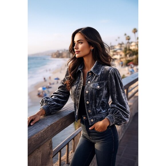 Cinq à Sept Dillon Cropped Crushed Velvet Jacket – Slate Gray Blue XS NEW - Picture 1 of 16